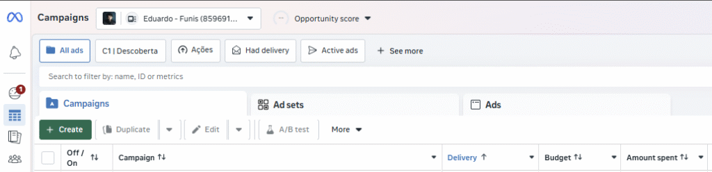 Topo do gerenciador de anúncios mostrando a visão de campanha, conjunto e anúncio para anúnciar no instagram e facebook