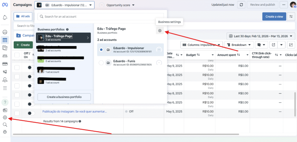 Como acessar as configurações de negócio e configurar uma conta de anúncios para anaunciar no instagram