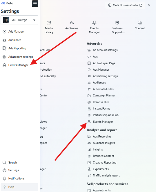 como acessar gerenciador de eventos para adicionar pixel no site