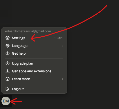 Menu com a opção Settings destacada  para conectar o MCP do Meta Ads