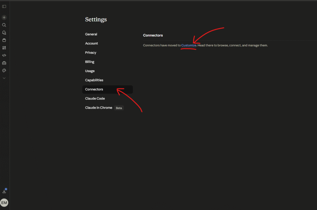 Tela de Settings com Connectors selecionado para conectar o MCP do Meta Ads