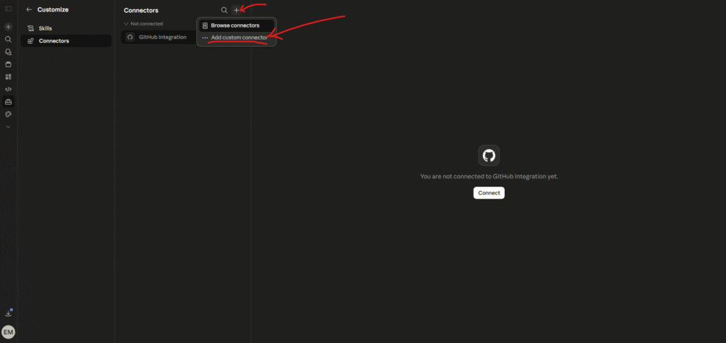  Tela com o "+" clicado e dropdown aparecendo para instalar o MCP do Meta Ads